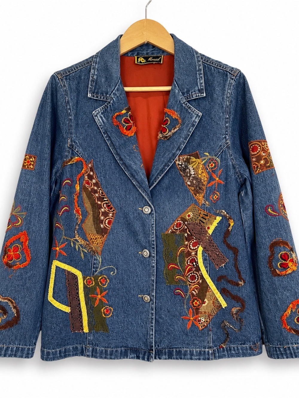 Mirasol Vintage Patchwork Embroidered Denim Blazer Wearable Art Boho Jacket
